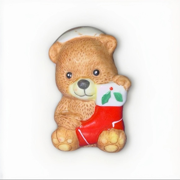 Vintage Holly Bells Christmas Bear with Stocking Ceramic Bell Ornament EUC - Picture 1 of 5